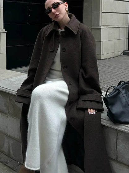 Elegant Woolen Women's Long Coat Long Sleeve Turn-down Single Breasted Female Overcoat 2025 Autumn Winter Chic Casual Lady Coats