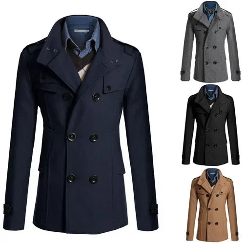 Men's Woolen Overcoat for Autumn and Winter. Korean Style Men's Clothing, Fashionable Slim-fit Double-breasted Mid-to-long Coat.
