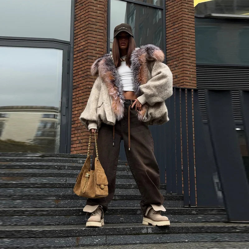 Oversized Winter Women's Coat Wide Faux Fur Collar Hooded Jackets Loose Single Breasted Outwears 2025 New Trendy Warm Lady Coats