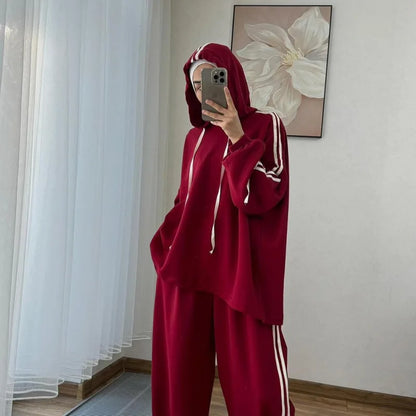 Muslim Suit Women Hoodie Top Wide Leg Pants 2 Piece Set Trousers Hooded sweatshirt Ensemble Sporty Stripe Outfits Tracksuit