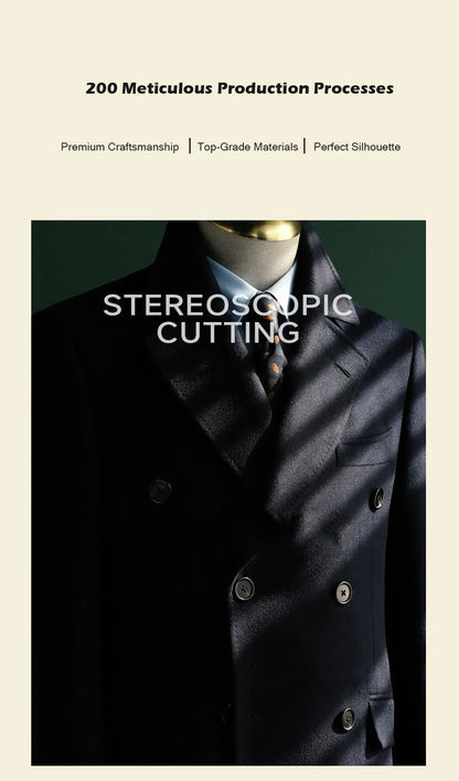 Men's Overcoat Warm Thick 100% Wool Double Breasted Navy Blue Slim Fit Luxury Business Long Coat Custom