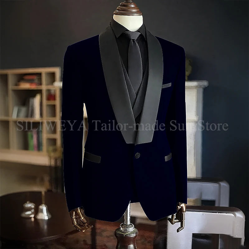 Men Suits High Quality Black Velvet 3 Piece Jacket Pants Vest Elegant Blazer Luxury Outfits Wedding Evening Party Costume Homme