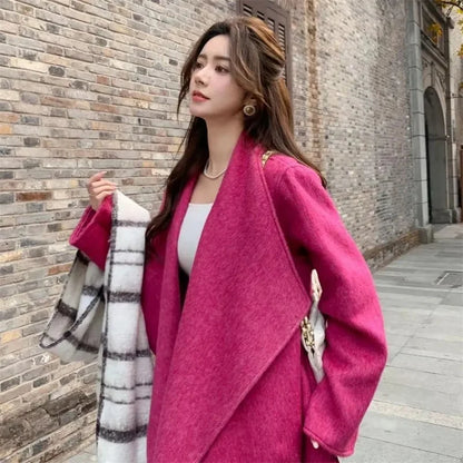 100% Wool Coat Women's Wear 2025 Autumn/Winter Fashion Temperament Double sided Cashmere Coats with Belt Elegant Long Overcoat