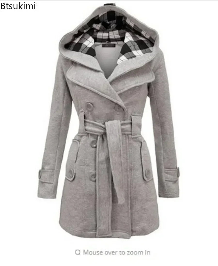 2025 Autumn Women's Hooded Overcoat Trend Double-Breasted Design Belt Side Pockets Plaid Splice Woolen Coats Winter Jacket Femme