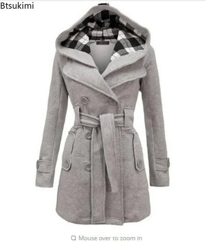 2025 Autumn Women's Hooded Overcoat Trend Double-Breasted Design Belt Side Pockets Plaid Splice Woolen Coats Winter Jacket Femme