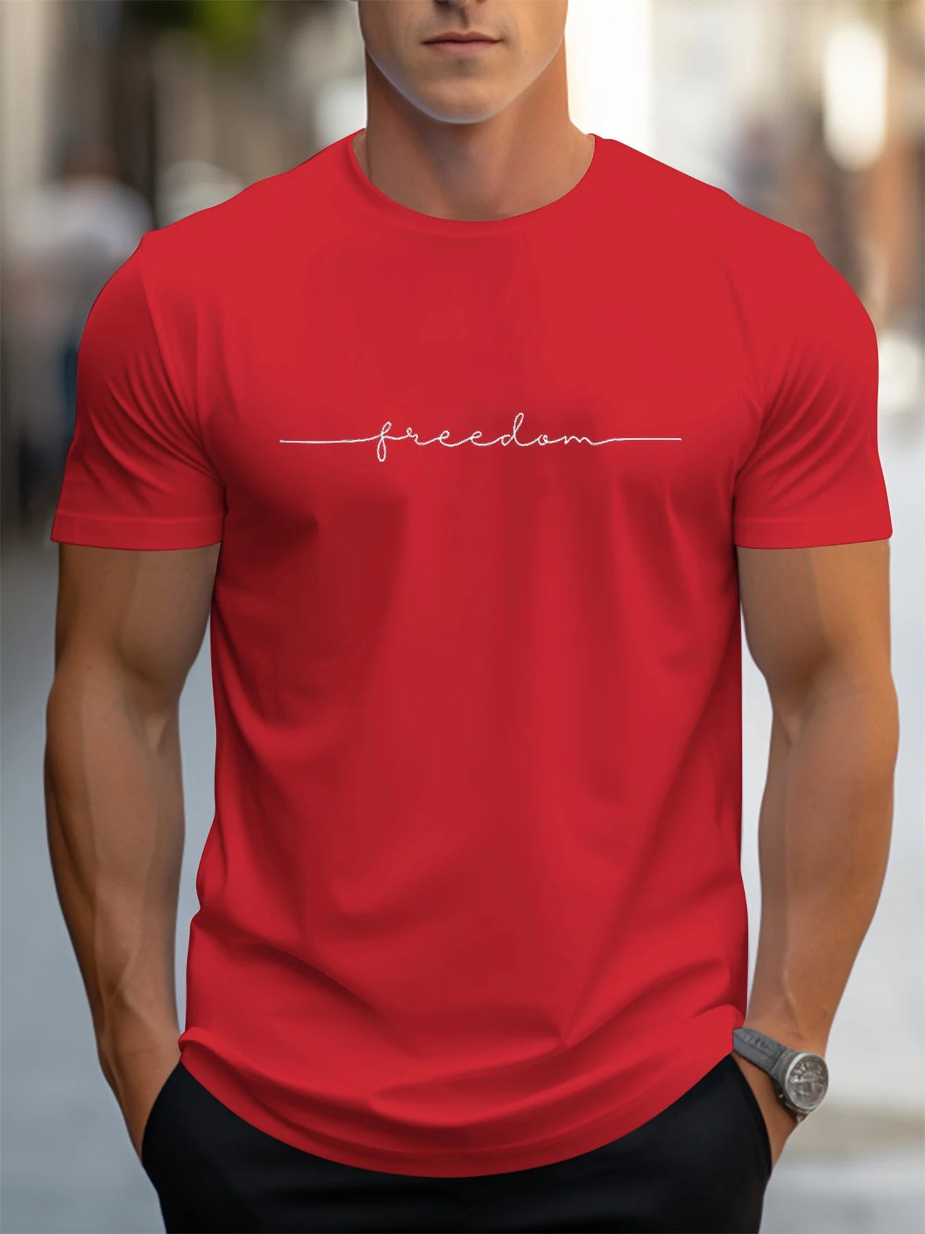 Men's 100% cotton summer fashionable casual loose plus size freedom graphic printed sports round neck short sleeved T-shirt top
