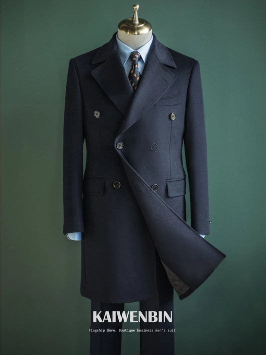 Men's Overcoat Warm Thick 100% Wool Double Breasted Navy Blue Slim Fit Luxury Business Long Coat Custom