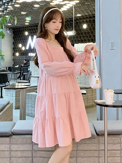 Women’s Pink Long Sleeve A-Line Dress – Elastic Waist, Casual, Party & Beach Style