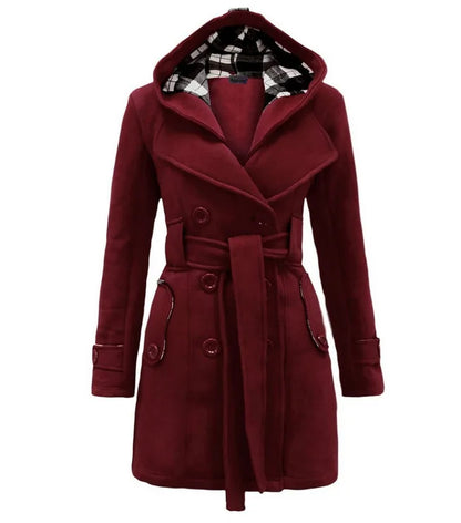 2025 Autumn Women's Hooded Overcoat Trend Double-Breasted Design Belt Side Pockets Plaid Splice Woolen Coats Winter Jacket Femme