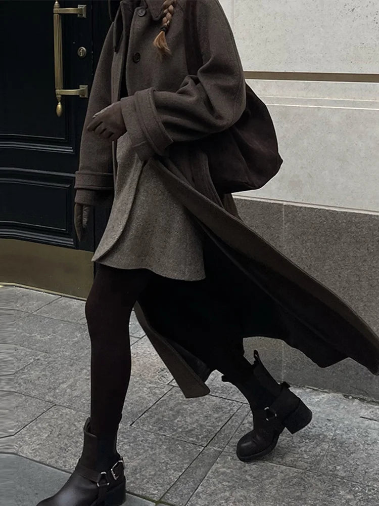 Elegant Woolen Women's Long Coat Long Sleeve Turn-down Single Breasted Female Overcoat 2025 Autumn Winter Chic Casual Lady Coats