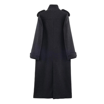Women’s Stand Collar Long Coats 2025 Winter New Double-Breasted Woolen Coat Vintage Simple Outerwear Fashion Female Overcoat