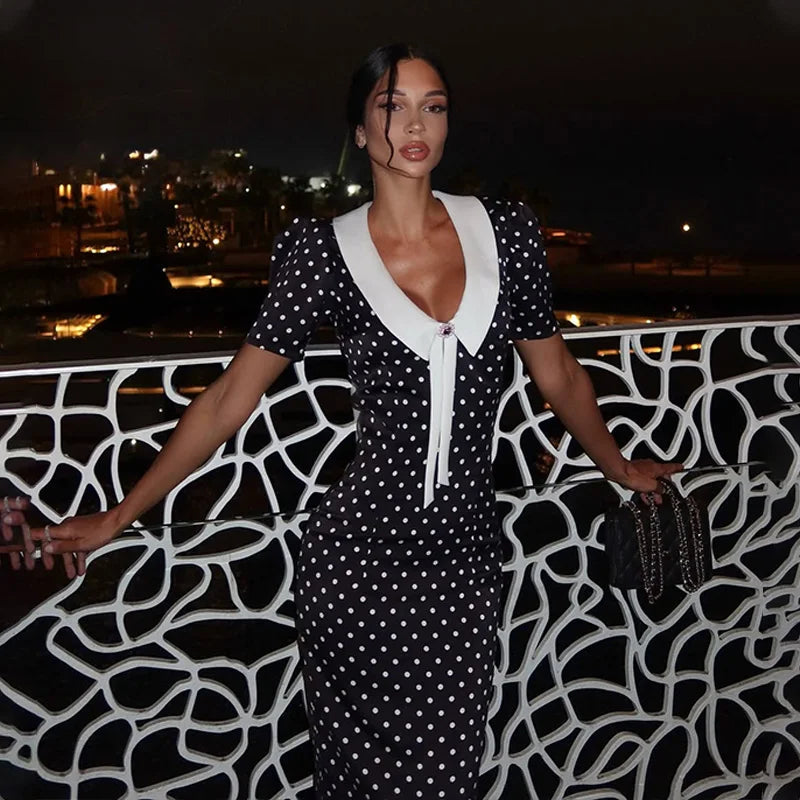 Dot Printed Dresses For Women Fashion Sexy Streetwear Short Sleeves Sheath Turn Down Collar V-Neck Long Vestidos Robes Female