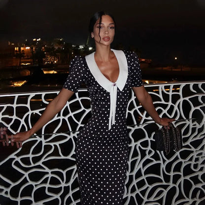 Dot Printed Dresses For Women Fashion Sexy Streetwear Short Sleeves Sheath Turn Down Collar V-Neck Long Vestidos Robes Female