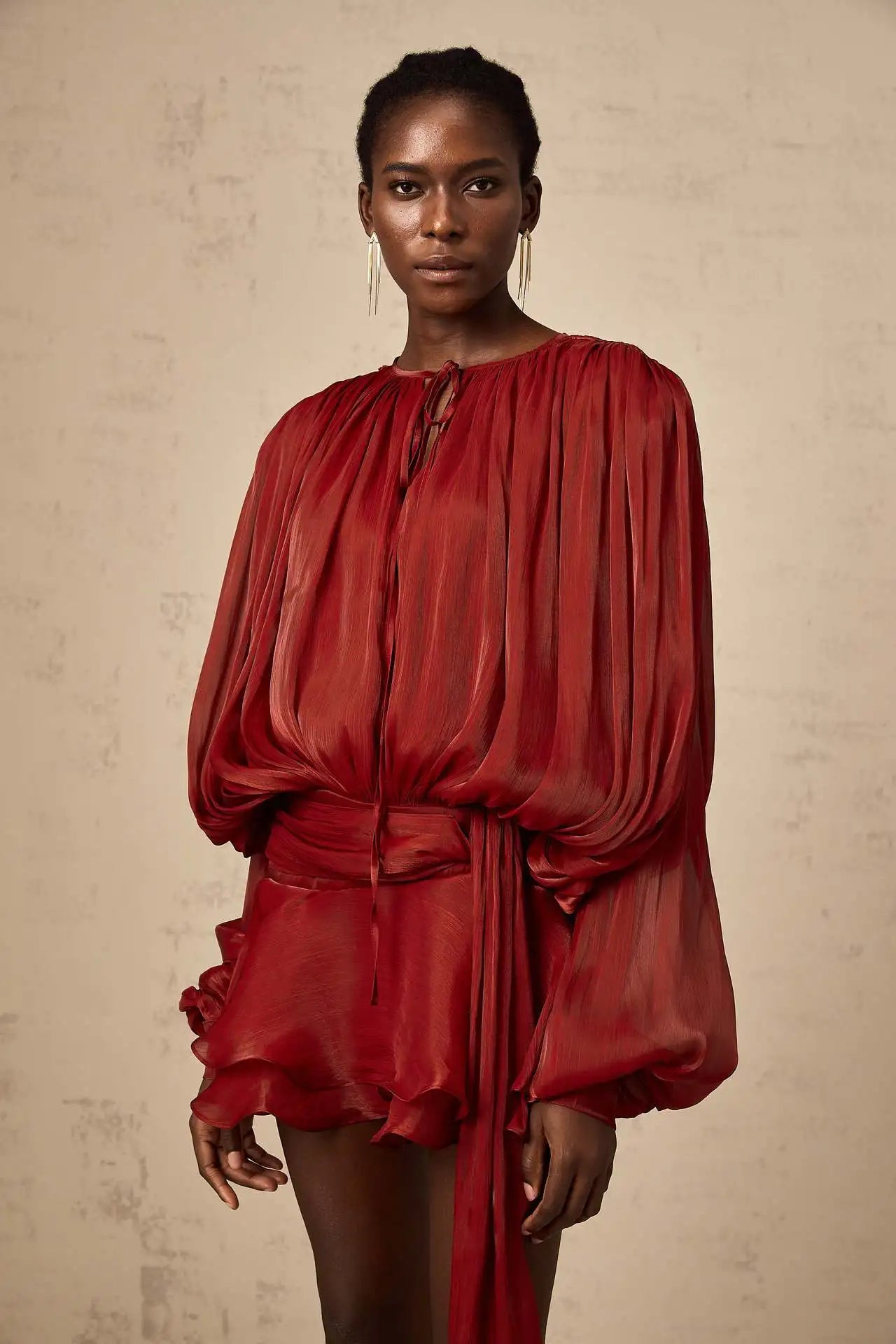 Dresses For Woman French Vestidos Elegant Puff Sleeve Dress Fashionable Loose Lace-up Solid Color Leace-up Simple Style Trendy