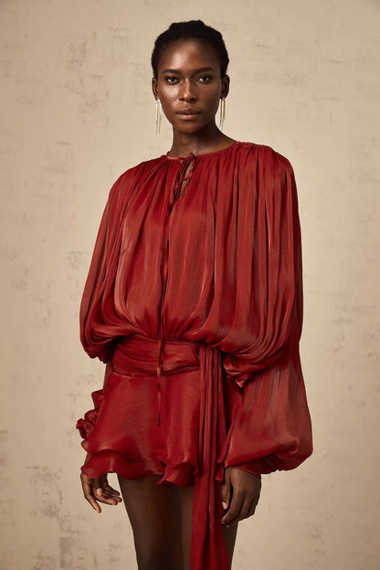 Dresses For Woman French Vestidos Elegant Puff Sleeve Dress Fashionable Loose Lace-up Solid Color Leace-up Simple Style Trendy