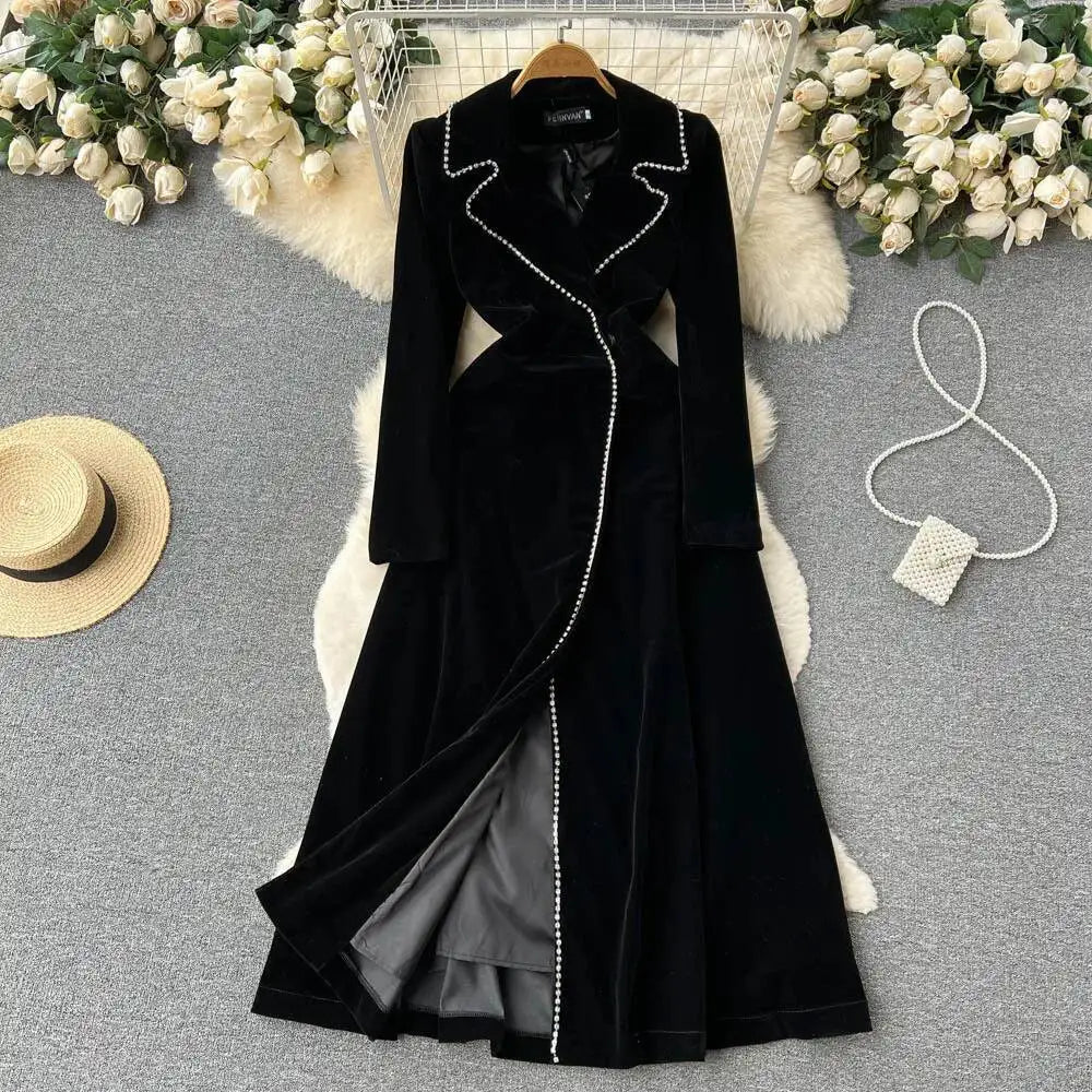 Autumn Winter Thicken Black Velvet Trenches Coats Women Long Windbreakers Overcoats