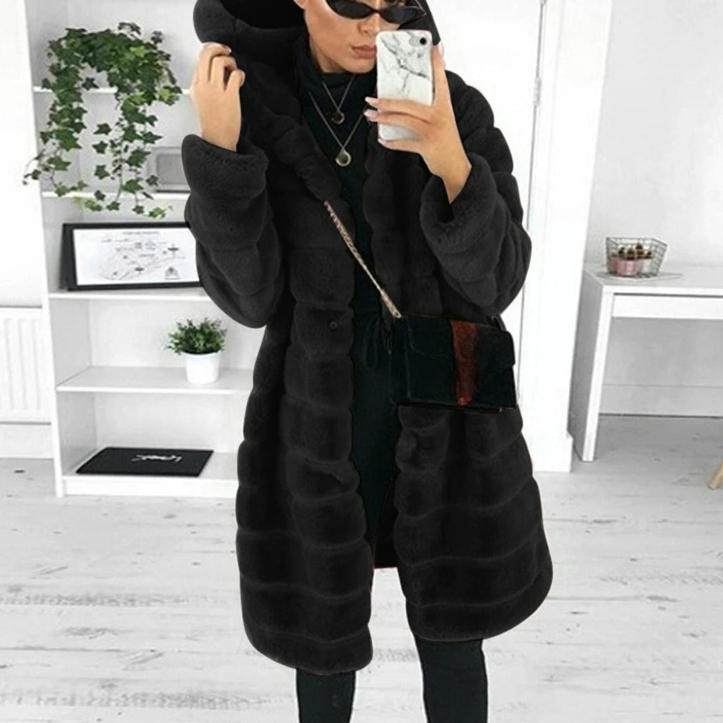 2025 Autumn Winter New Fashion Versatile Hooded Fur Coat Women's Warm Overcoat