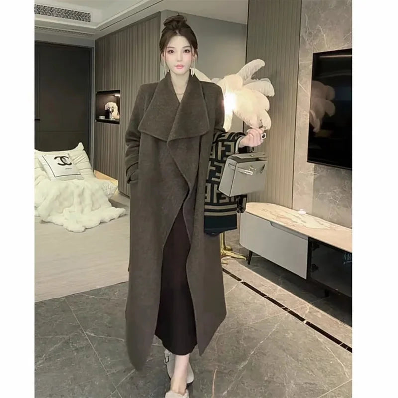100% Wool Coat Women's Wear 2025 Autumn/Winter Fashion Temperament Double sided Cashmere Coats with Belt Elegant Long Overcoat