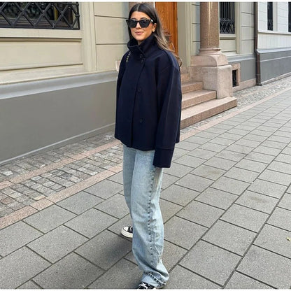 Casual Women's Woolen Blend Coats Women Stand Collar Single-breasted Long Sleeve Thick Warm Jacket 2025 Autumn New in Outwear