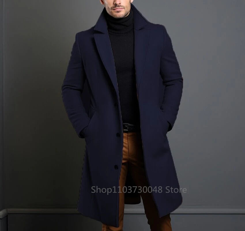 New Men's Coat Woolen Overcoat Windbreaker Navy Blue/Black Trench Autumn and Winter Outerwear Cardigan Jaqueta Masculina