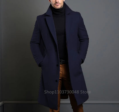 New Men's Coat Woolen Overcoat Windbreaker Navy Blue/Black Trench Autumn and Winter Outerwear Cardigan Jaqueta Masculina