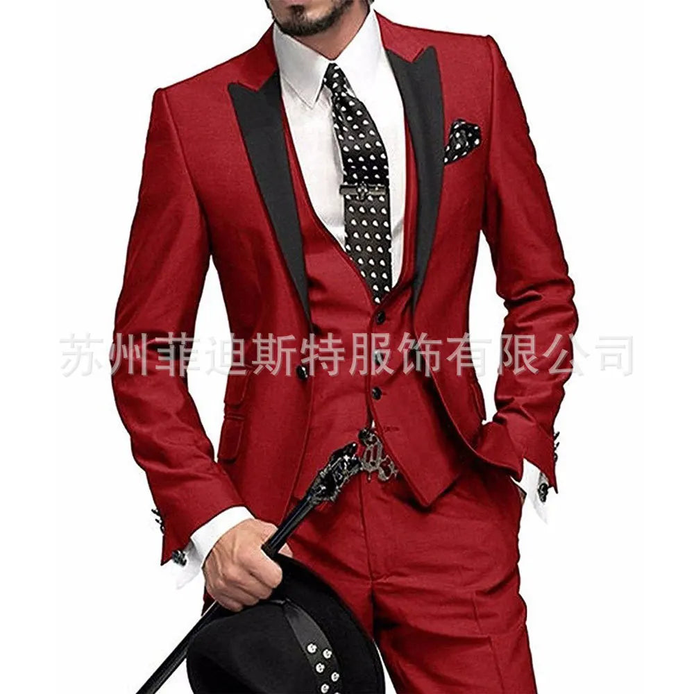 Fashion Men's 3piece Suit Sets Casual Trendy Business Solid Color Turn-down Collar Sngle Button Blazers Trousers Male Clothes