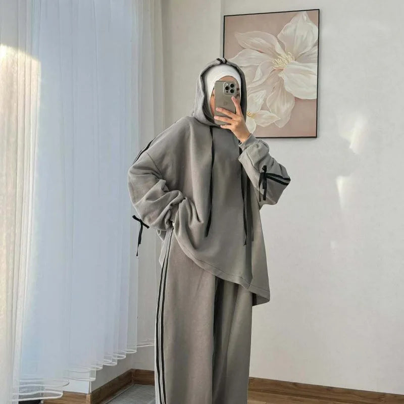 Muslim Suit Women Hoodie Top Wide Leg Pants 2 Piece Set Trousers Hooded sweatshirt Ensemble Sporty Stripe Outfits Tracksuit