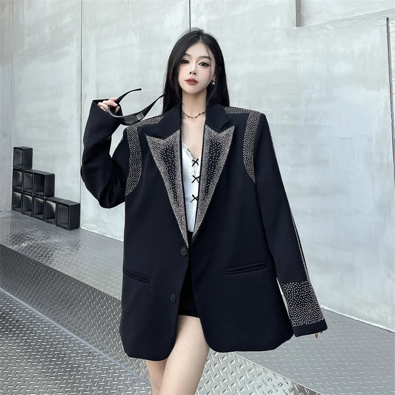 Women's BF Oversize Coats Loose Casual Single-Breasted Retro Beaded Jacket Office Lady Outerwear Autumn Winter