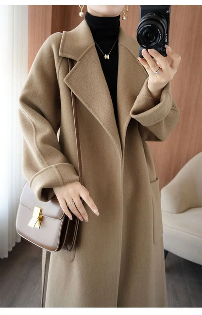 2024 Women's Wear 100% Wool Coat Autumn/Winter Fashion Temperament Double sided Cashmere Coats with Belt Elegant Long Overcoat