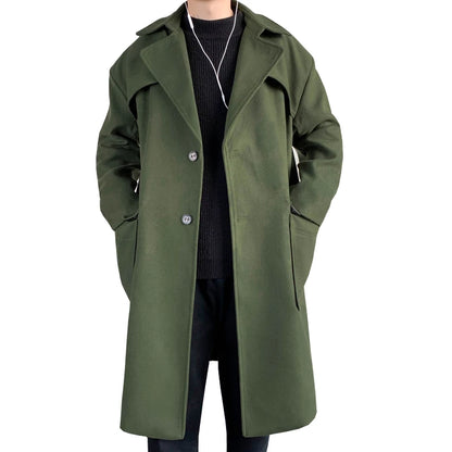 Mens Hooded Long Woolen Coats Oversized Solid Color Winter Windbreaker Korean Style Casual Outwear