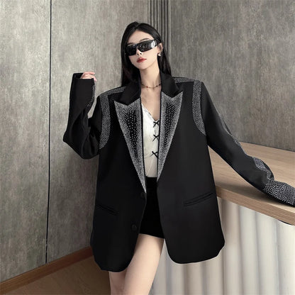 Women's BF Oversize Coats Loose Casual Single-Breasted Retro Beaded Jacket Office Lady Outerwear Autumn Winter