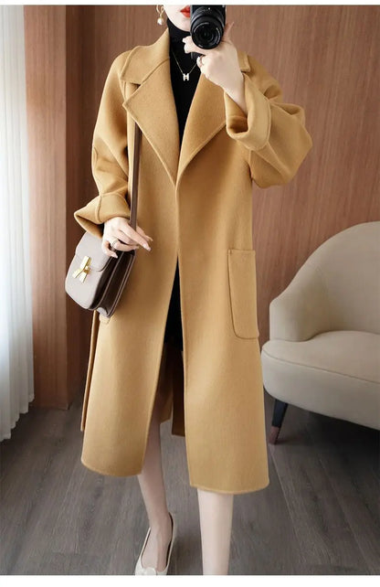 2024 Women's Wear 100% Wool Coat Autumn/Winter Fashion Temperament Double sided Cashmere Coats with Belt Elegant Long Overcoat