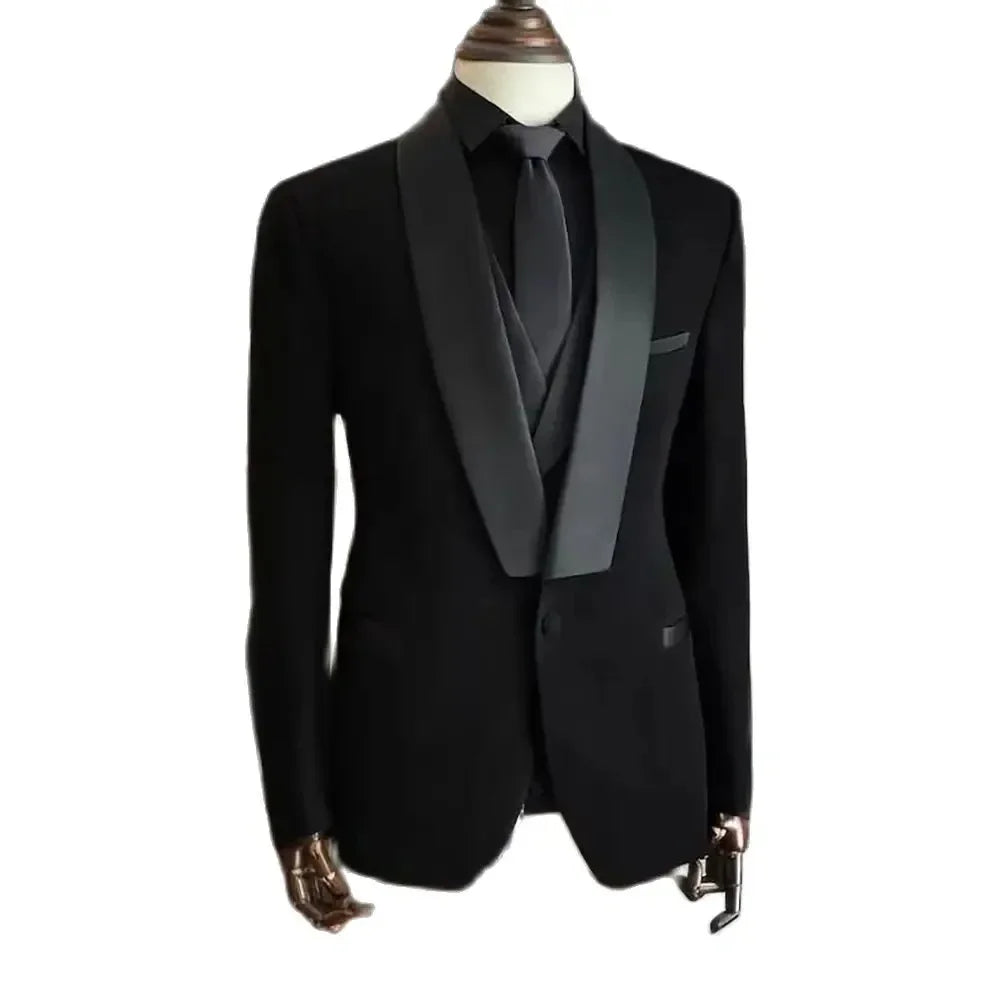 Men Suits High Quality Black Velvet 3 Piece Jacket Pants Vest Elegant Blazer Luxury Outfits Wedding Evening Party Costume Homme