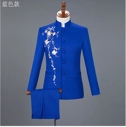 2025 New Men's Chinese Style Applique Suits Slim Fit Flower Set Male Wedding Prom Party Dress Blazers Jacket and Pants