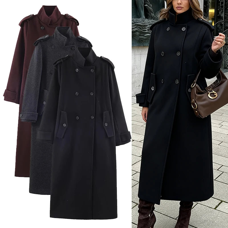 Women’s Stand Collar Long Coats 2025 Winter New Double-Breasted Woolen Coat Vintage Simple Outerwear Fashion Female Overcoat
