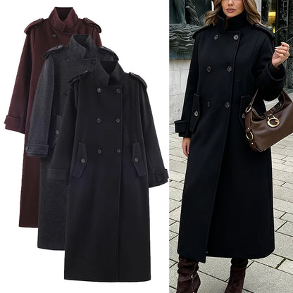 Women’s Stand Collar Long Coats 2025 Winter New Double-Breasted Woolen Coat Vintage Simple Outerwear Fashion Female Overcoat