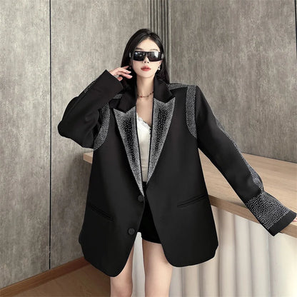 Women's BF Oversize Coats Loose Casual Single-Breasted Retro Beaded Jacket Office Lady Outerwear Autumn Winter
