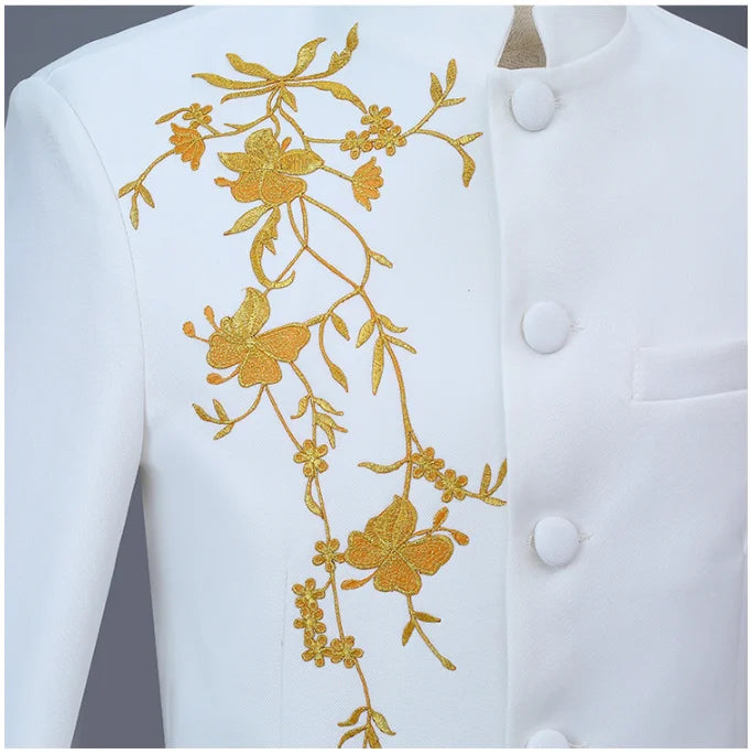 2025 New Men's Chinese Style Applique Suits Slim Fit Flower Set Male Wedding Prom Party Dress Blazers Jacket and Pants