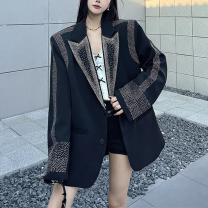 Women's BF Oversize Coats Loose Casual Single-Breasted Retro Beaded Jacket Office Lady Outerwear Autumn Winter