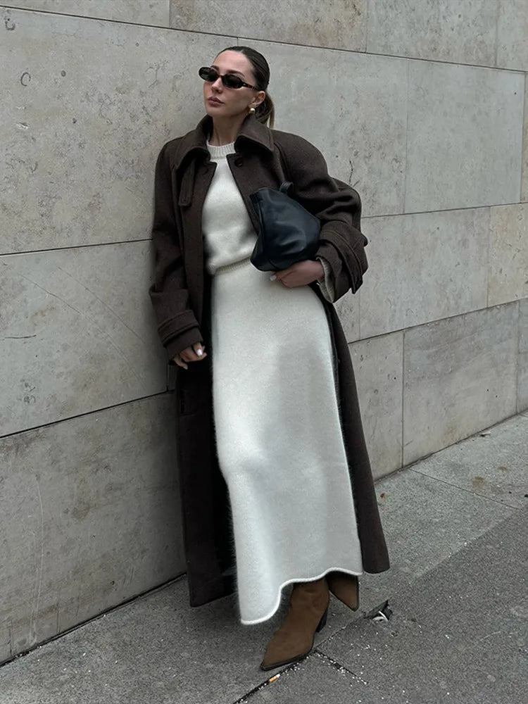 Elegant Woolen Women's Long Coat Long Sleeve Turn-down Single Breasted Female Overcoat 2025 Autumn Winter Chic Casual Lady Coats