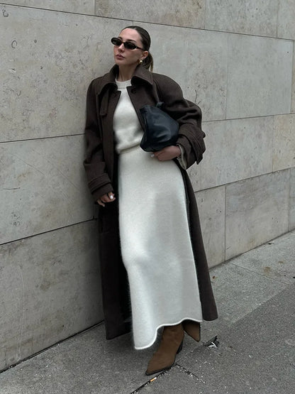 Elegant Woolen Women's Long Coat Long Sleeve Turn-down Single Breasted Female Overcoat 2025 Autumn Winter Chic Casual Lady Coats