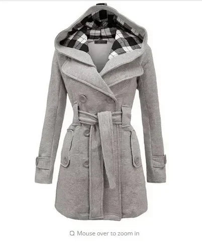 2025 Autumn Women's Hooded Overcoat Trend Double-Breasted Design Belt Side Pockets Plaid Splice Woolen Coats Winter Jacket Femme
