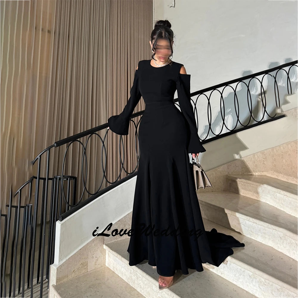 Dubai Charming Occasion Dress Jersey Mermaid/Trumpet Formal Evening Dress Black O-Neck Ruffles Flare Sleeve Ruched Prom Dresses
