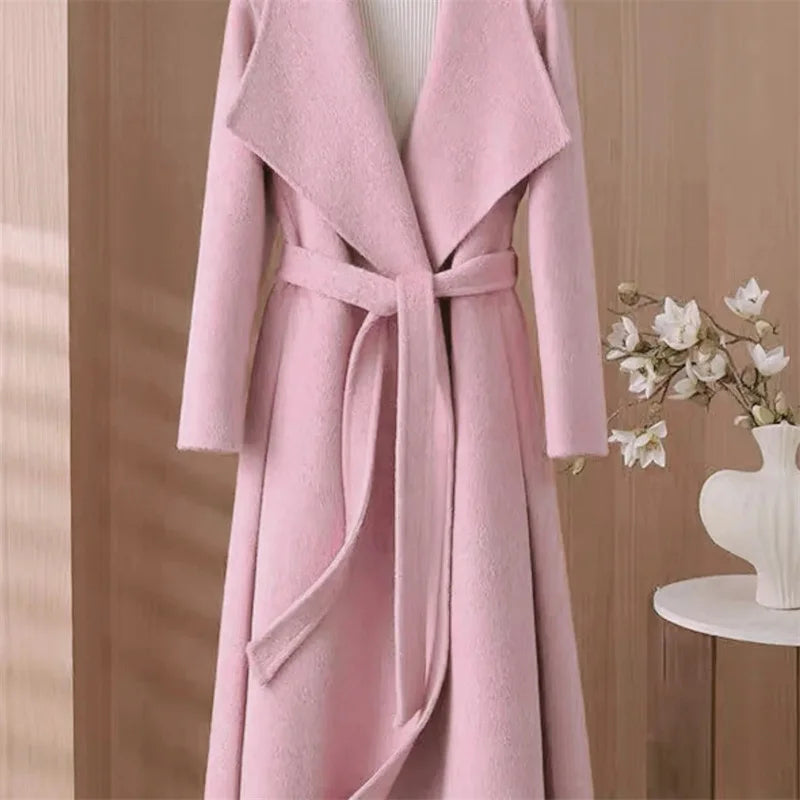 100% Wool Coat Women's Wear 2025 Autumn/Winter Fashion Temperament Double sided Cashmere Coats with Belt Elegant Long Overcoat