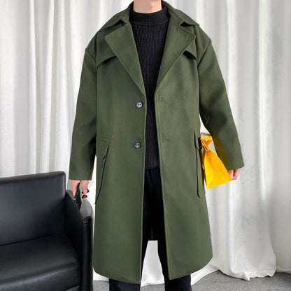 Mens Hooded Long Woolen Coats Oversized Solid Color Winter Windbreaker Korean Style Casual Outwear