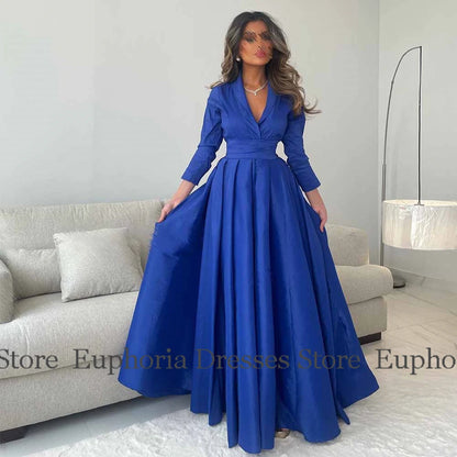 Saudi Arabia Dresses for Special Events Formal Satin A-line Celebrity Dress Royal Blue V-neck Ruched Pleat Evening Dress Long