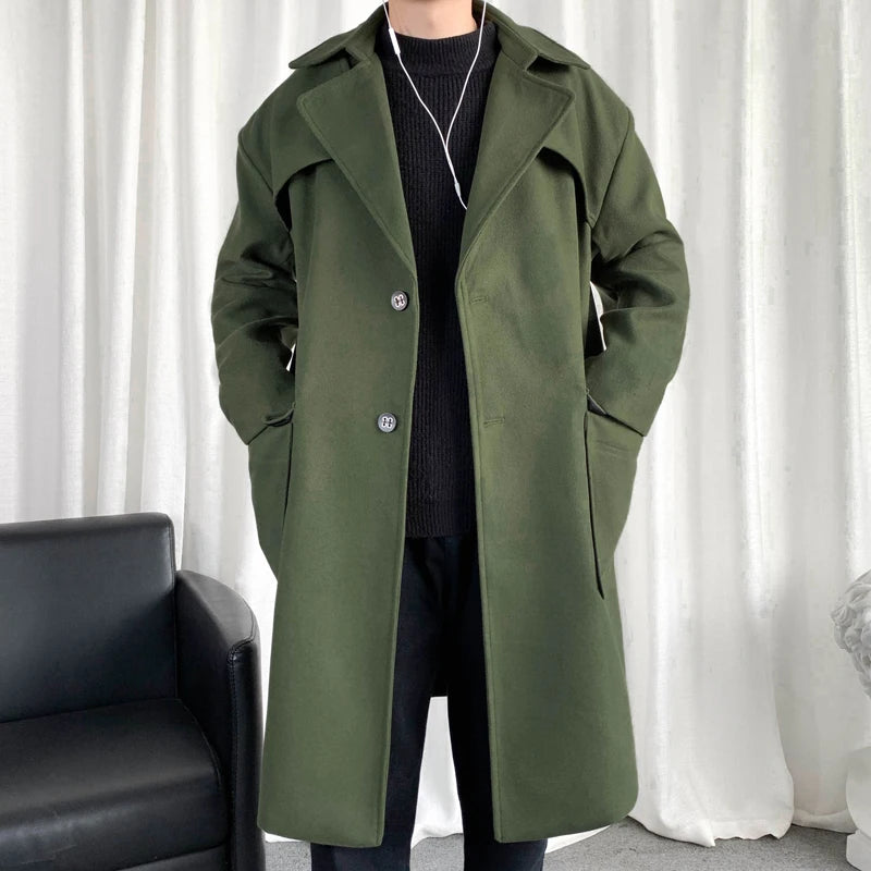 Mens Hooded Long Woolen Coats Oversized Solid Color Winter Windbreaker Korean Style Casual Outwear
