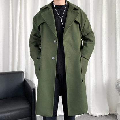 Mens Hooded Long Woolen Coats Oversized Solid Color Winter Windbreaker Korean Style Casual Outwear
