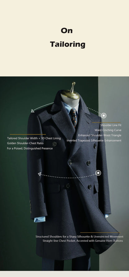 Men's Overcoat Warm Thick 100% Wool Double Breasted Navy Blue Slim Fit Luxury Business Long Coat Custom