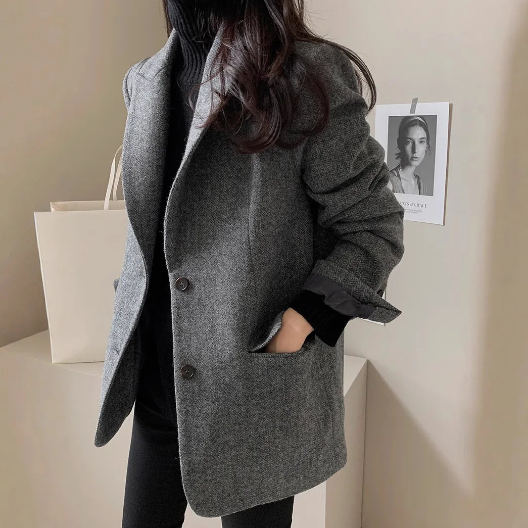 Wool Women Coats Jackets Blends Turn Down Collar Coat Thick Warm Y2k Streetwear Jacket Work Outerwear Slim Fit Autumn Winter